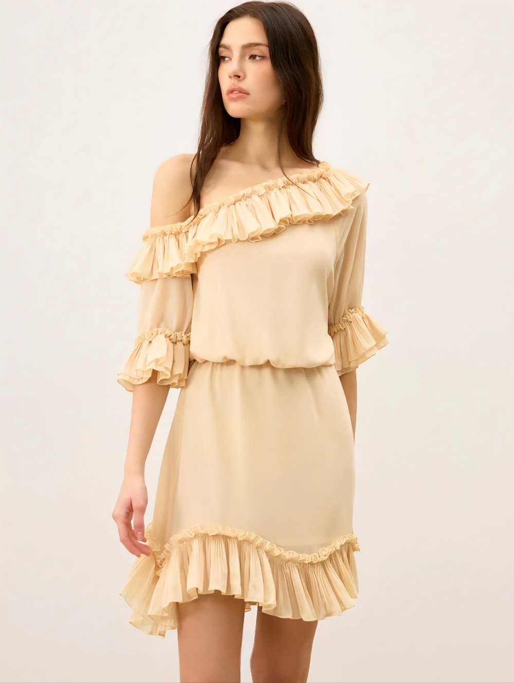 NWT Commense Semi Sheer Chiffon Off Shoulder Ruffled Mini Dress Cream Tan XS